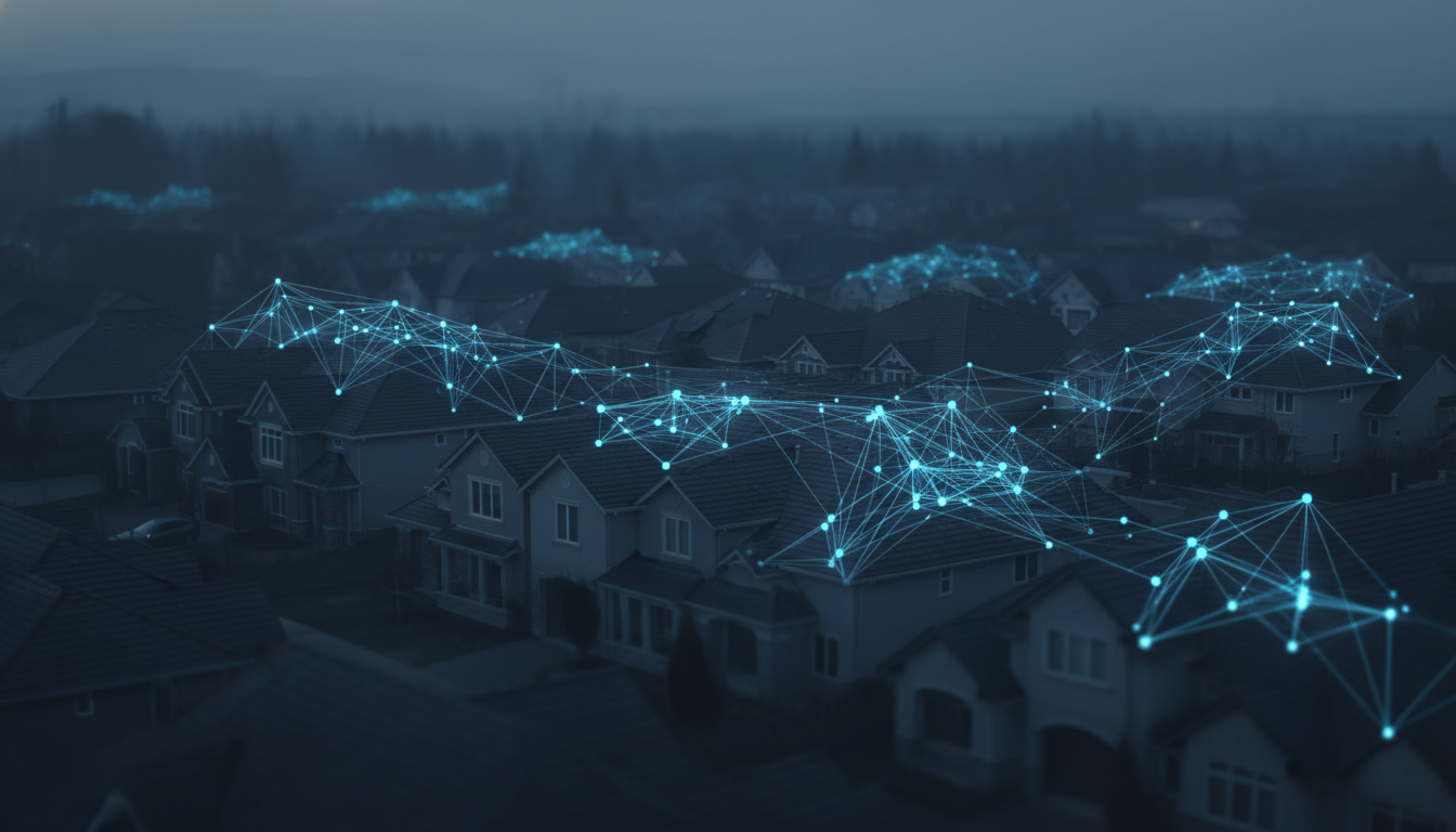 Aerial view of a neighborhood connected by a digital network